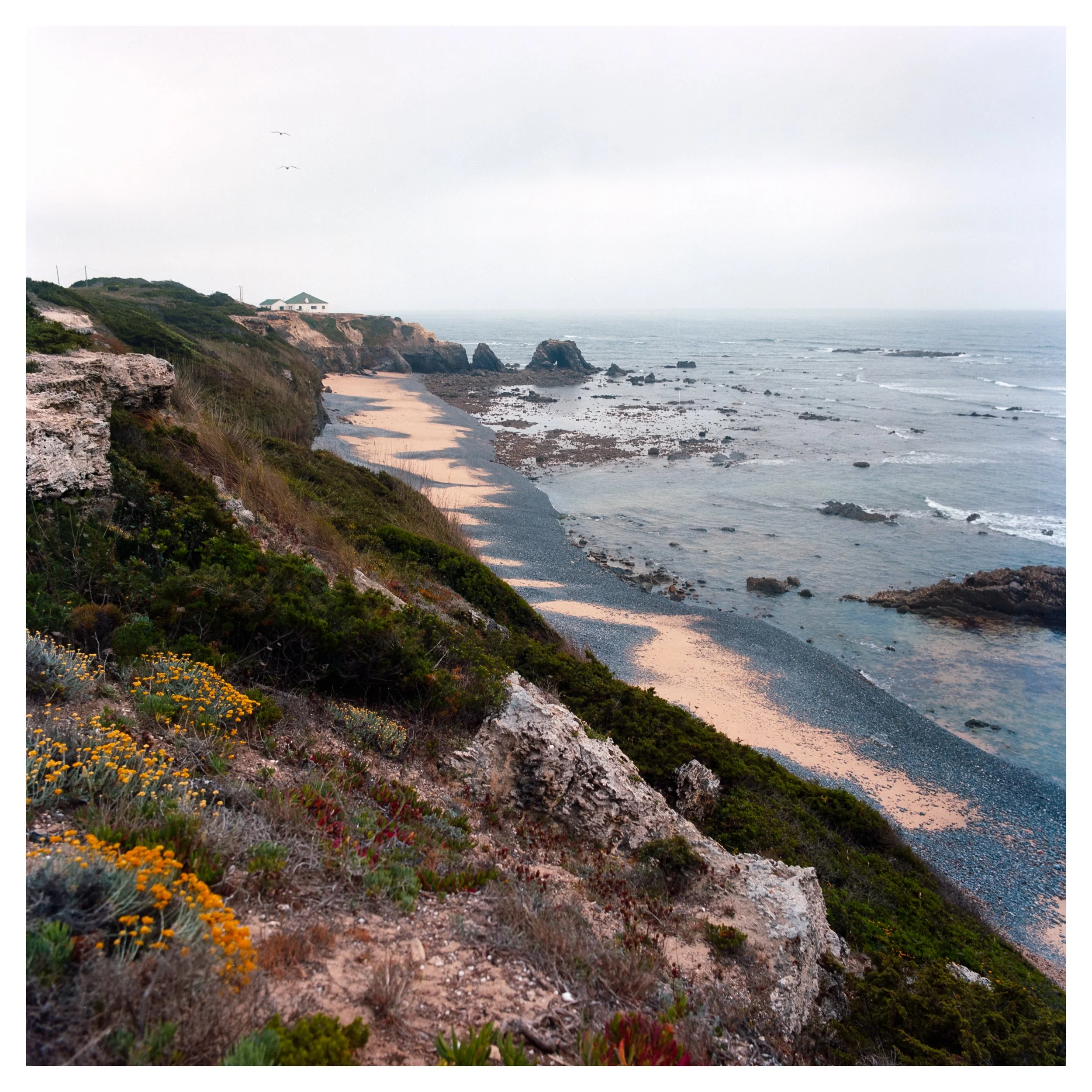 Coastal landscape with rocky cliffs, sandy beach, and ocean with tide pools, under a cloudy sky.