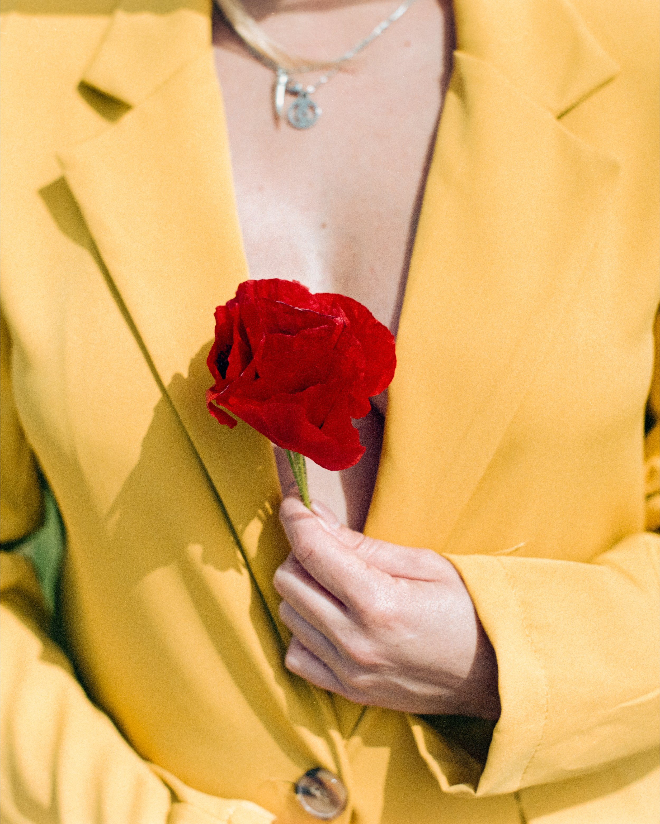 Person wearing a yellow blazer holding a red rose, with a silver necklace. photo by Bruno Novais