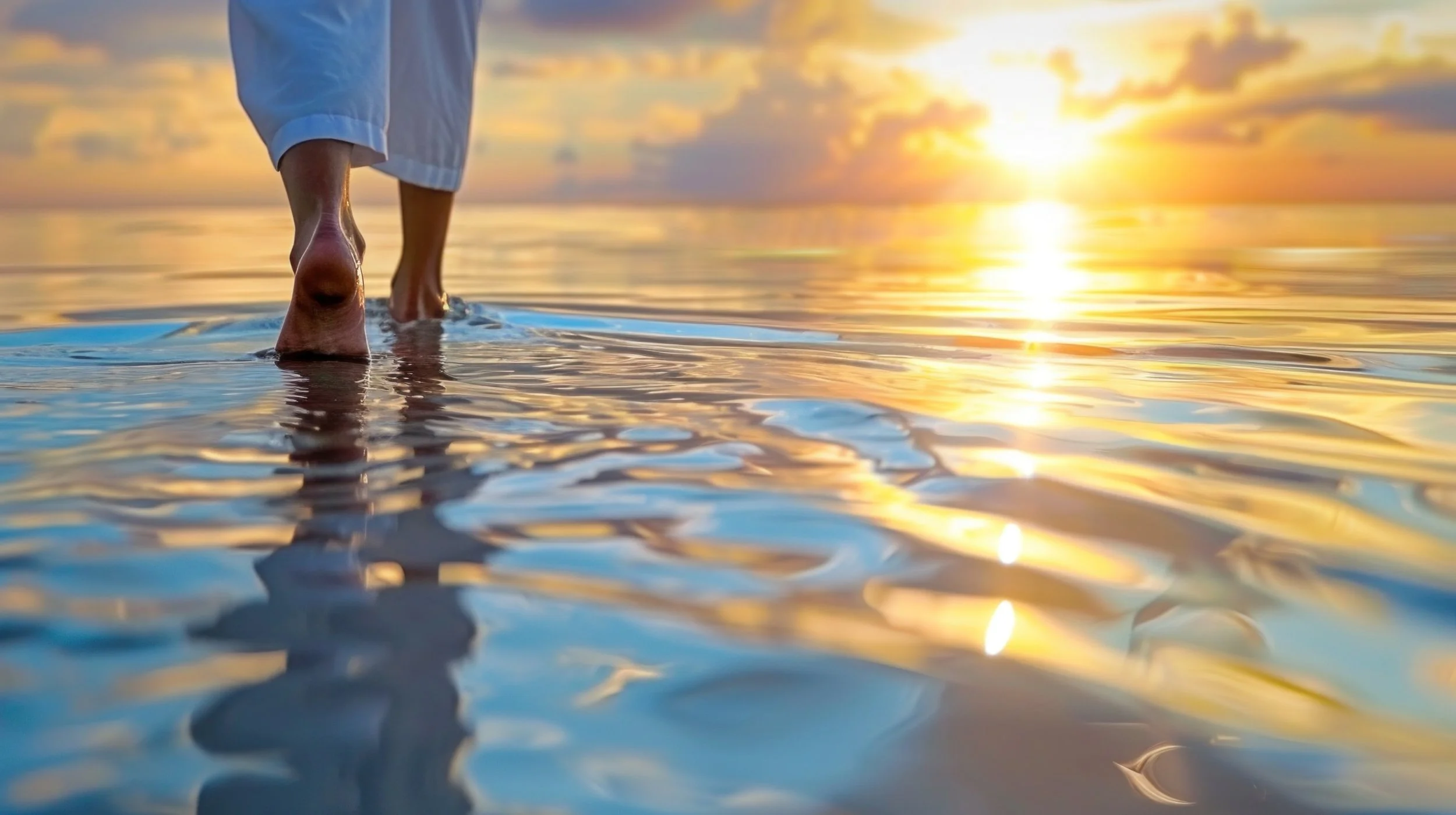 Person walking in shallow ocean water during sunset, view of their feet and legs, with the sun low on the horizon and clouds in the sky