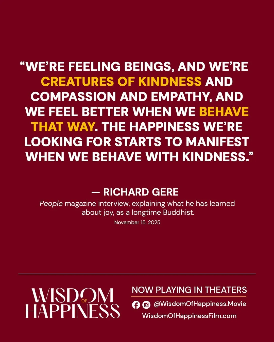 In a new People interview, Executive Producer @richardgere shares the Buddhist wisdom he&rsquo;s passing on to his children &mdash; wisdom drawn from his decades-long friendship with His Holiness the Dalai Lama.

Kindness toward all beings, he says, 