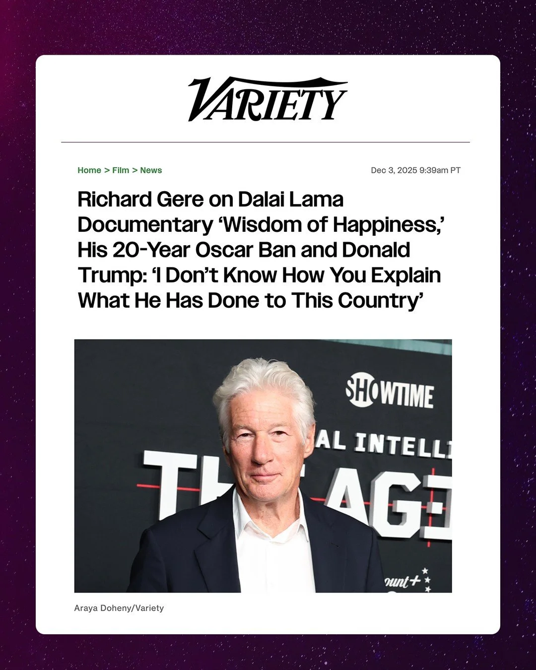 &ldquo;I think this is important enough that I have to give my last bit of energy to put this out there for people to see. At the very least, it will put a seed in the minds of people who see it.&rdquo; 

Read more from @richardgere's interview with 
