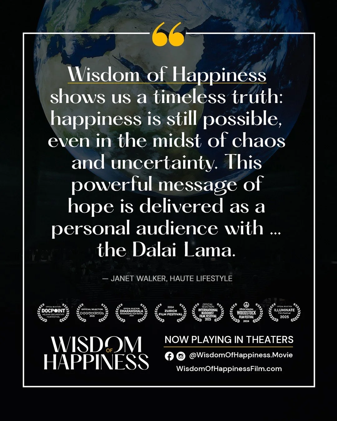 🎥 #WisdomOfHappiness is an intimate conversation with the Dalai Lama, captured in his 90th year.

✨It is not a biography or a history lesson.
✨It is a cinematic sanctuary where compassion becomes a shared experience.

Now playing in select theaters.