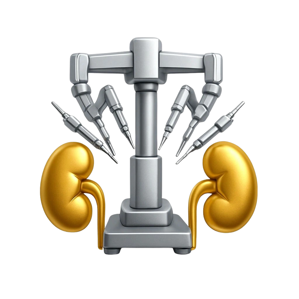 A medical robotic surgical system with multiple robotic arms and surgical tools, positioned above human kidneys depicted in the image.