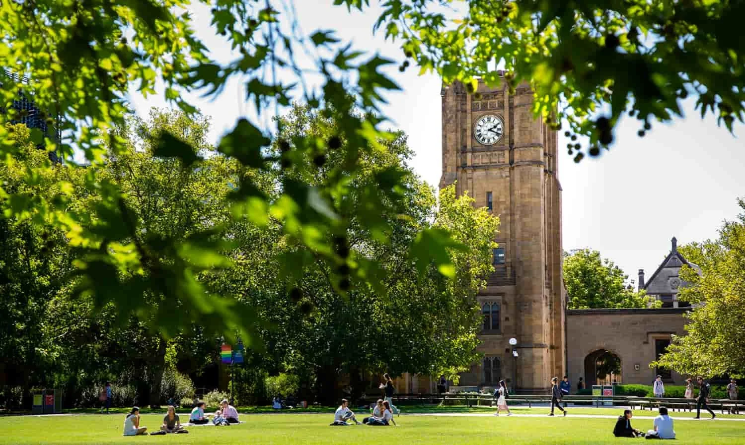 A park with green grass and trees, a historic clock tower in the background, and people sitting on the grass and walking around on a sunny day.