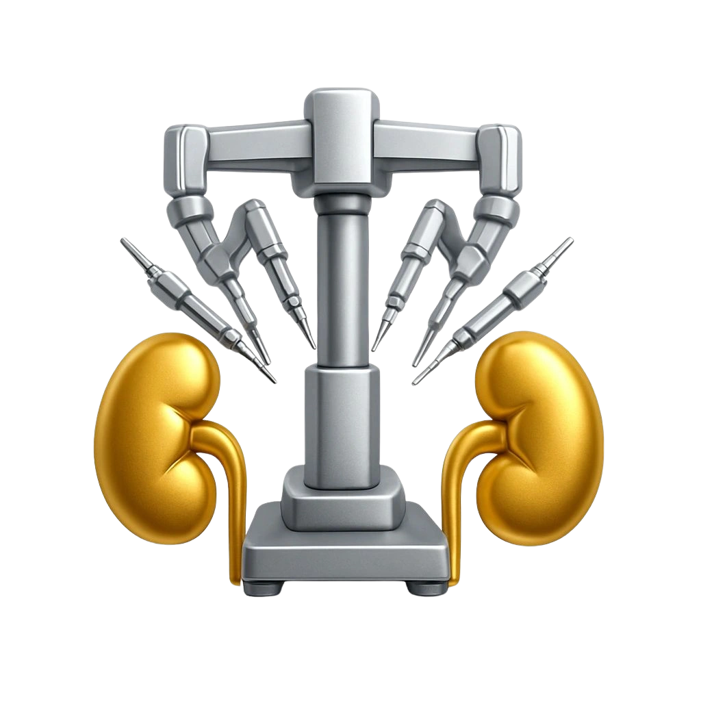 A piece of medical equipment with a robotic arm and disposable surgical tools, set behind a pair of golden kidneys.