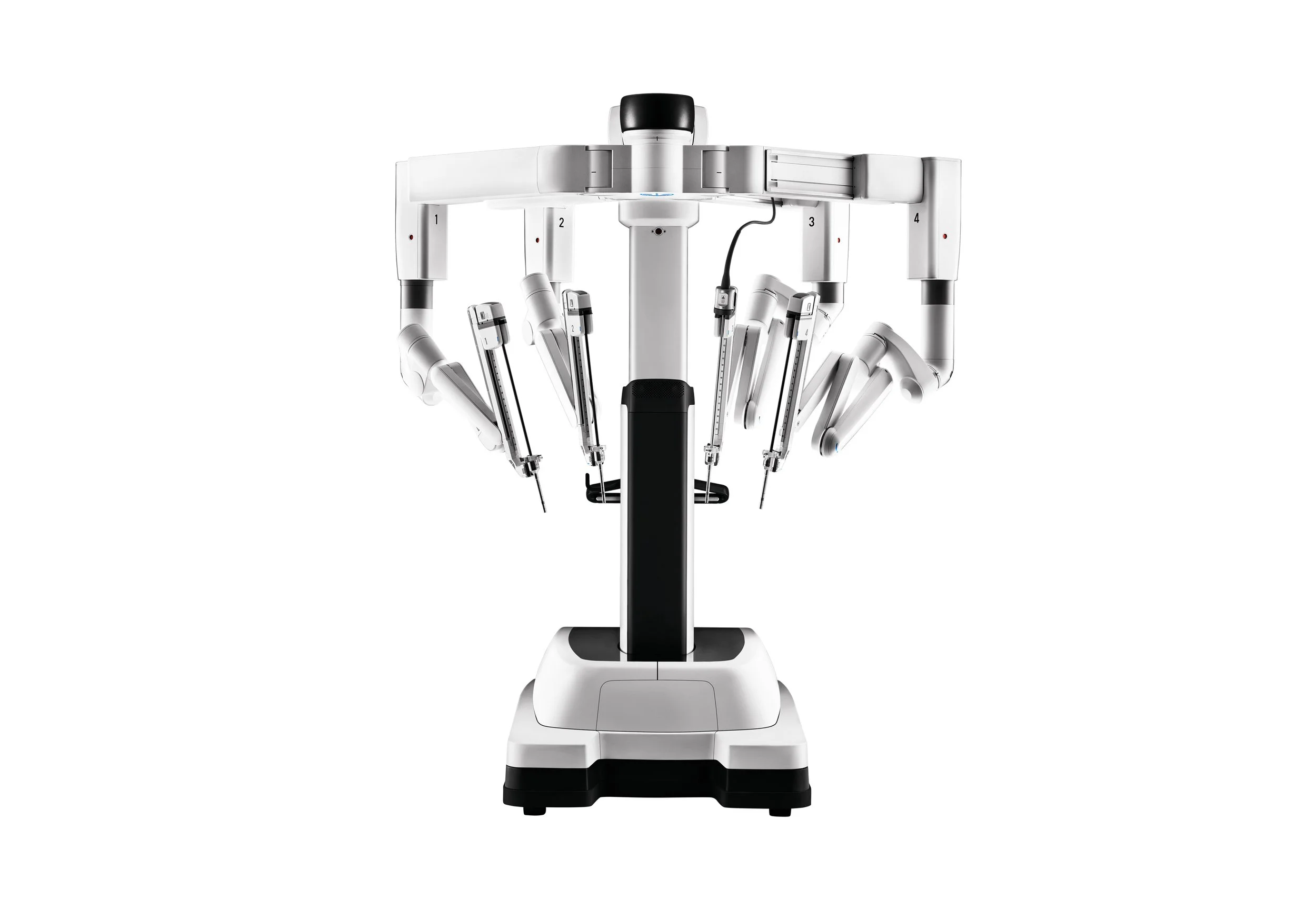 Medical robot with multiple articulated arms and surgical instruments in a clinical setting.