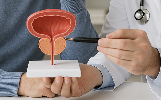 Doctor demonstrating a model of the human bladder and prostate to a patient.