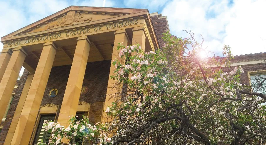 The Royal Australian College of Surgeons building, with tall columns and a plaque, surrounded by flowering trees with pink blossoms and sunny weather.