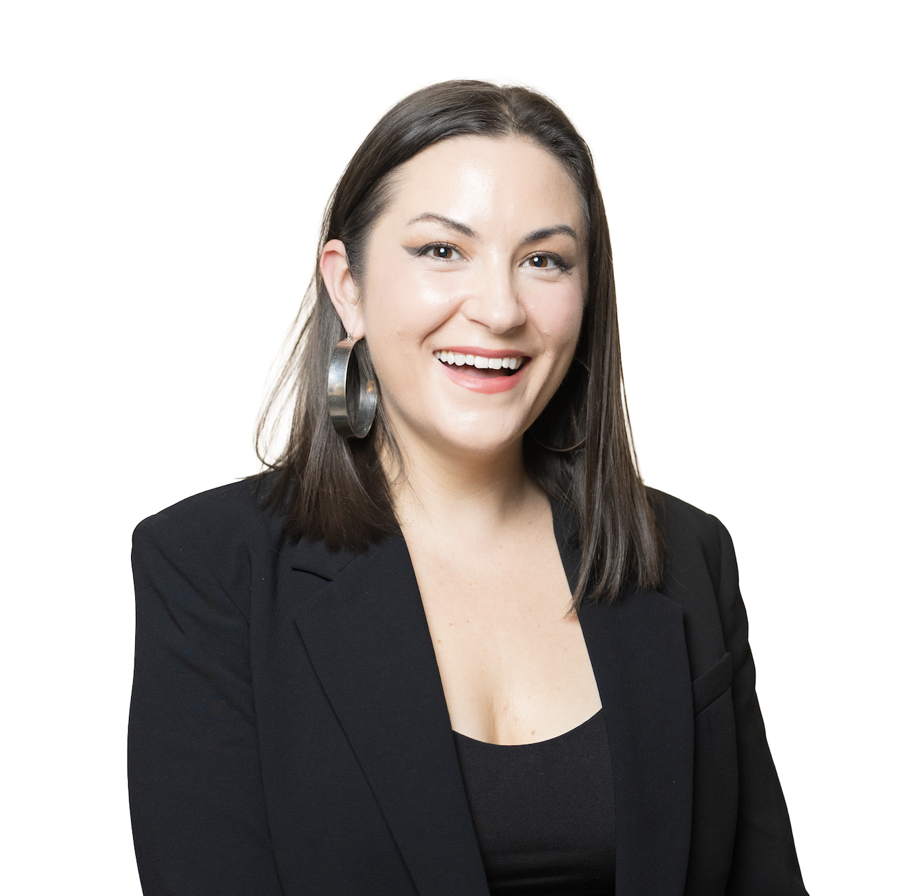 Headshot of a smiling woman with dark hair, earrings, and a black blazer against a white background.