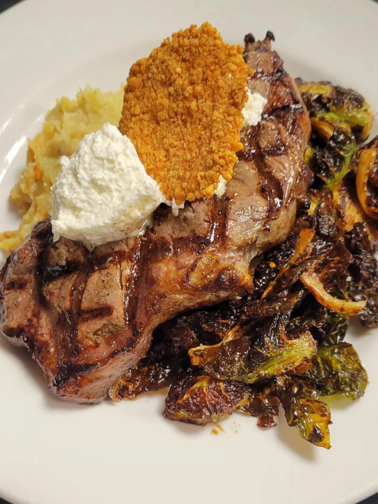 come see us tonight! we&rsquo;re featuring a 12oz strip with a horseradish cream and a parmesan crisp, paired with balsamic fried brussel sprouts and yukon gold mashed potatoes!! 😋😋😋