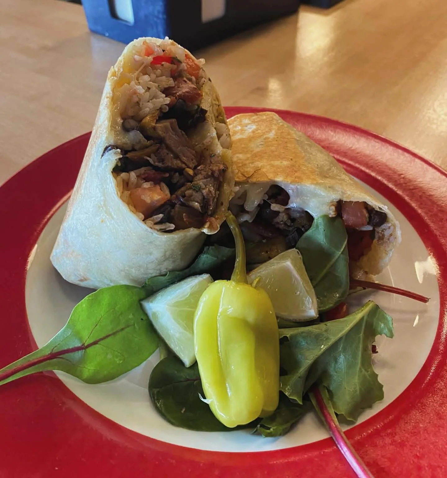 tgif! let&rsquo;s celebrate with a margarita &amp; delicious lunch special! today we present a smoked beef brisket grilled burrito stuffed with rice, black beans, pico de gallo &amp; ooey gooey melted cheese! perfectly comforting on a gloomy afternoo