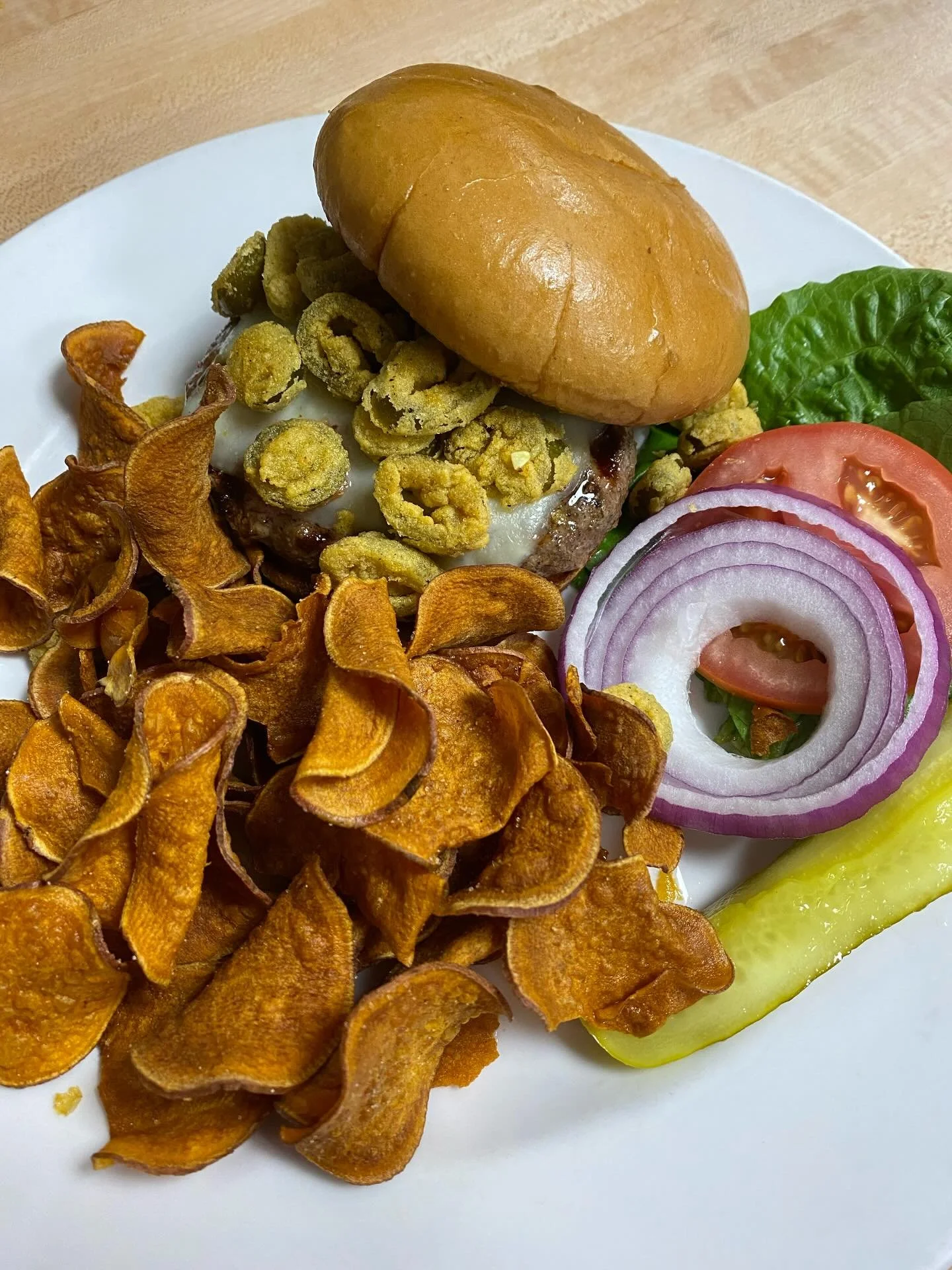 happy saturday, friends! we are open &amp; ready to serve you a delicious lunch! today&rsquo;s special is a juicy prime rib burger with pepperjack cheese &amp; fried jalape&ntilde;os, served with our housemade sweet potato chips! a beautiful bite wit