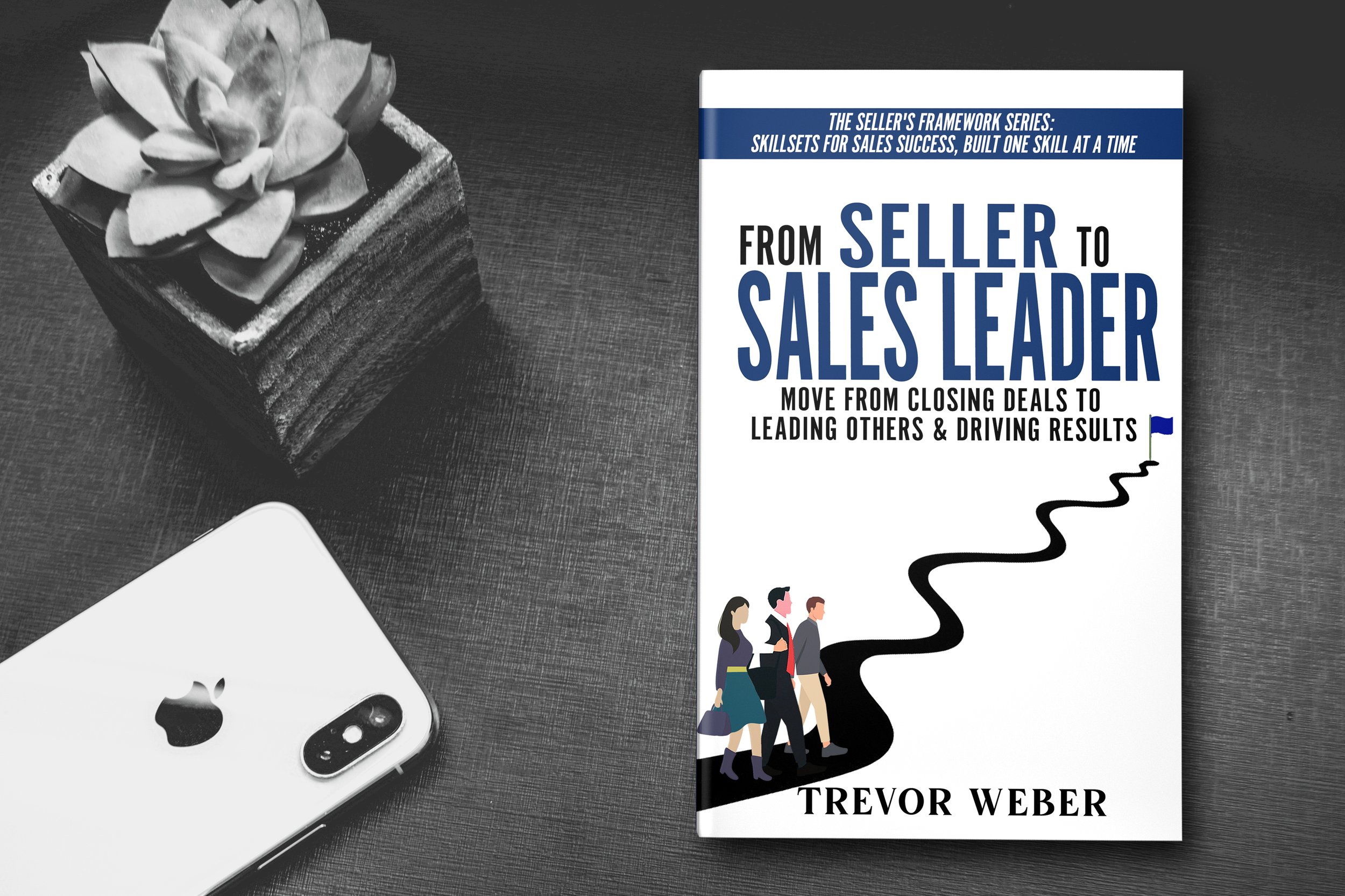Book titled "From Seller to Sales Leader" by Trevor Weber, featuring a blue, white, and black color scheme with a man walking a winding path to a red flag. Practical tools for leading teams, coaching reps, and driving sustained performance.