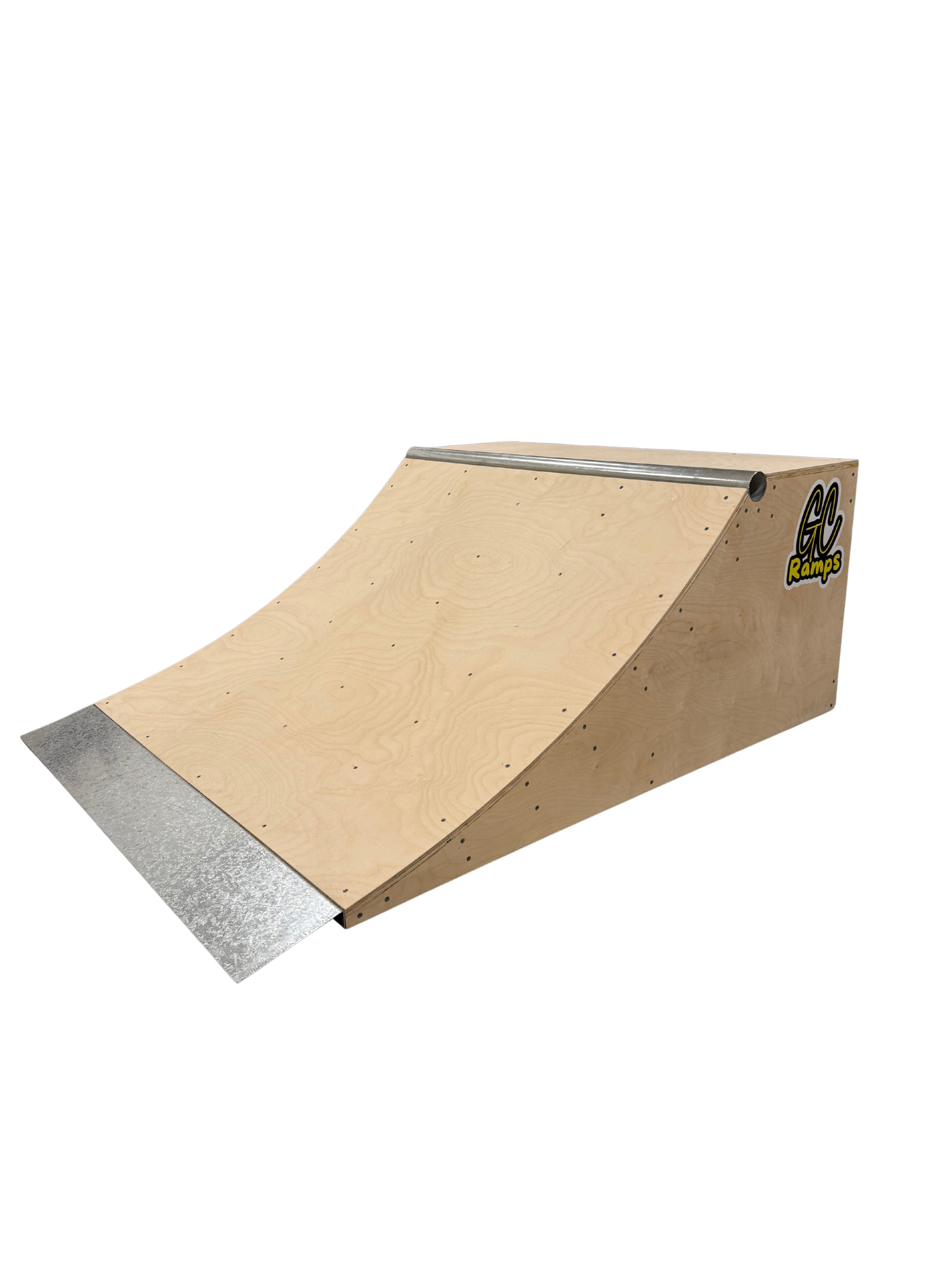 Wooden skateboarding ramp with metal edge and side logo 'GC Ramps'