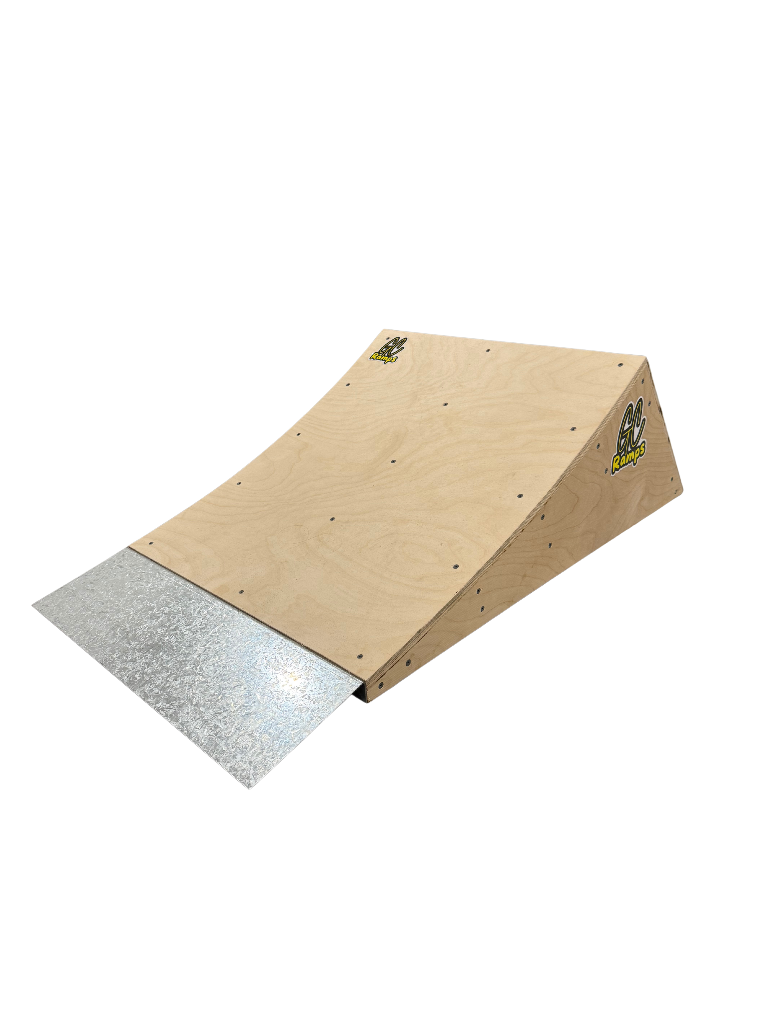 Wooden skateboard ramp with metal edge and a logo that says 'Gc Ramps'