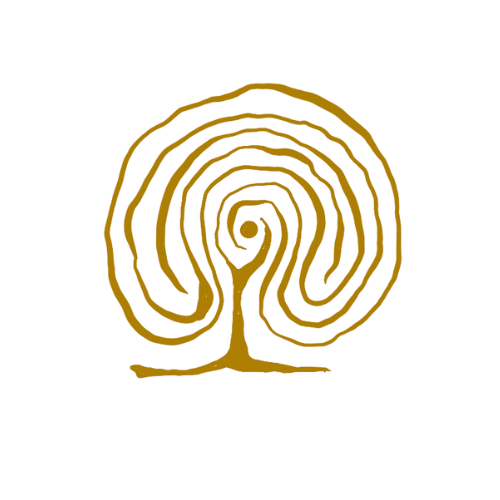 A stylized tree with a spiral pattern in the branches, drawn in brown on a black background.