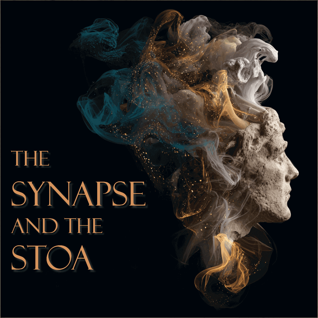 A artistic digital illustration of a human face in profile, formed by swirling smoke and glowing particles in blue, gold, and white tones, with the text 'The Synapse and the Stoa' on the left side.