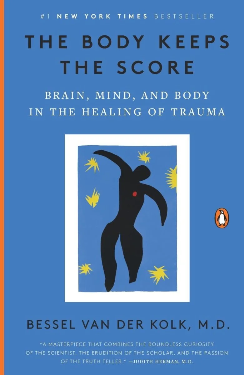 Book cover of 'The Body Keeps the Score' by Bessel van der Kolk, featuring abstract black human figure with raised arms and yellow starburst shapes around it against a blue background.