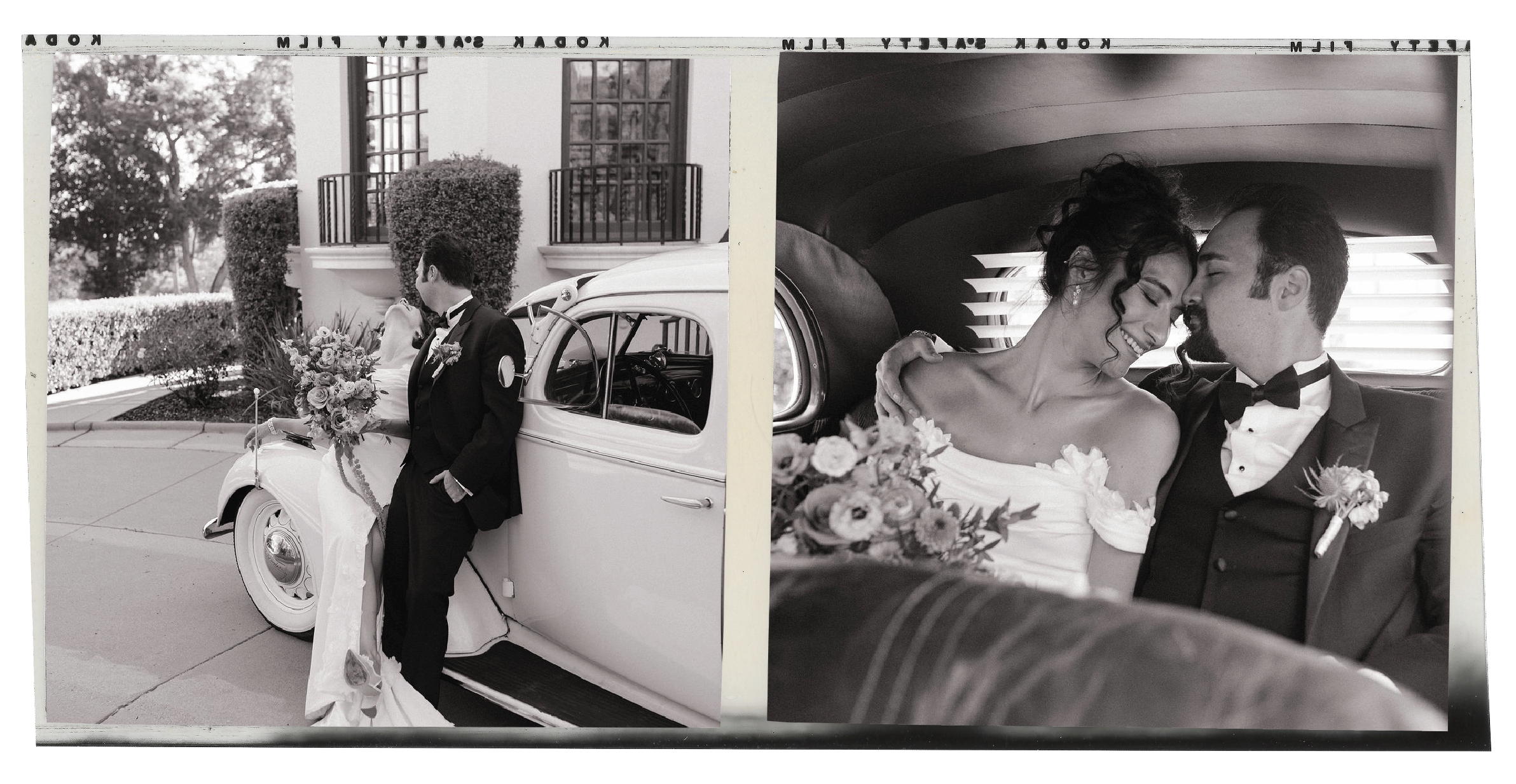 A black and white photo of a bride and groom on their wedding day. In the left image, they stand outside next to a vintage car, looking at each other with the bride holding a bouquet of flowers. In the right image, they sit inside the car, smiling and leaning into each other.