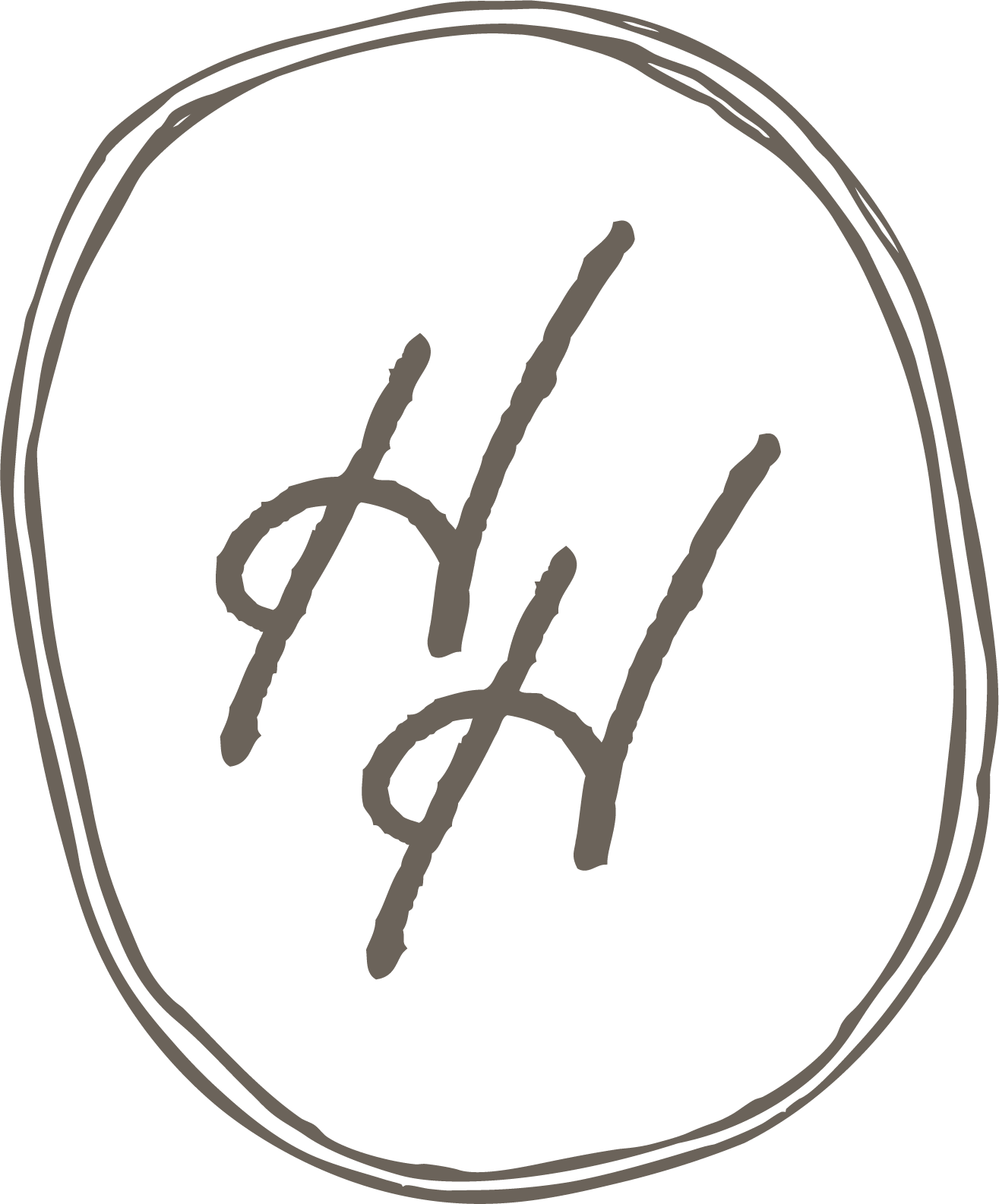 A black circular background with gray handwritten initials 'AH' in the center, surrounded by a simple gray border.