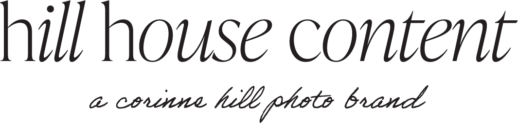 Text reading 'hill house content, a corinne hill photo brand' over a black background.