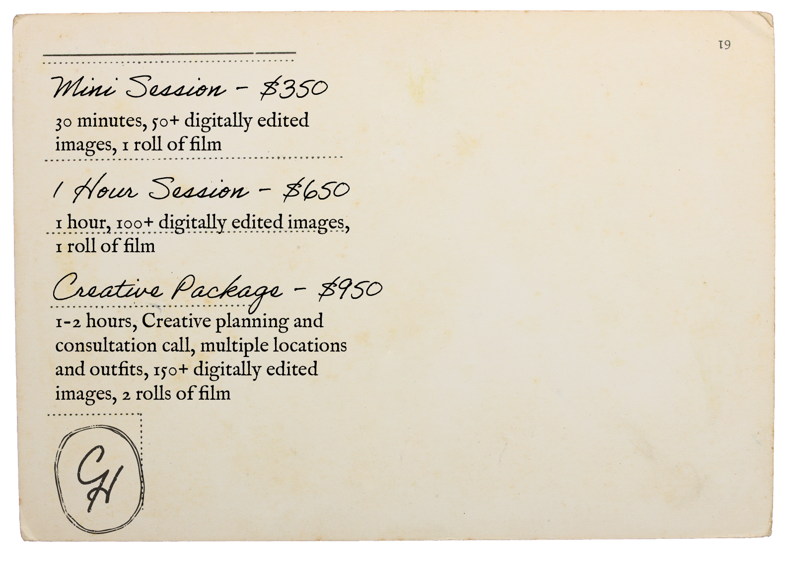 A printed flyer detailing the prices and services for photography sessions, including mini sessions, hourly sessions, and creative packages, with a handwritten signature or logo at the bottom left corner.