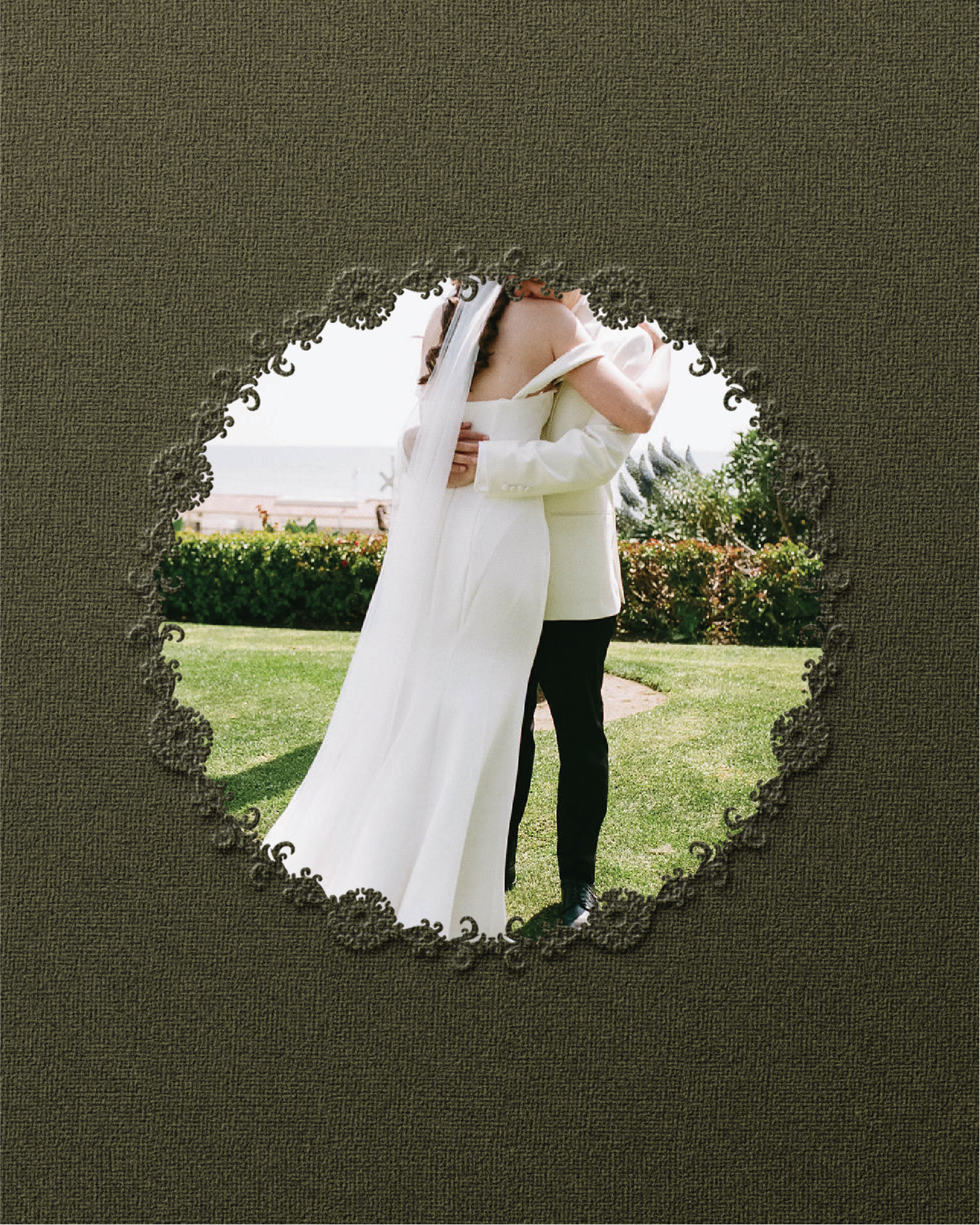 A couple embracing, viewed through a circular cutout in a dark wall, with a garden in the background.