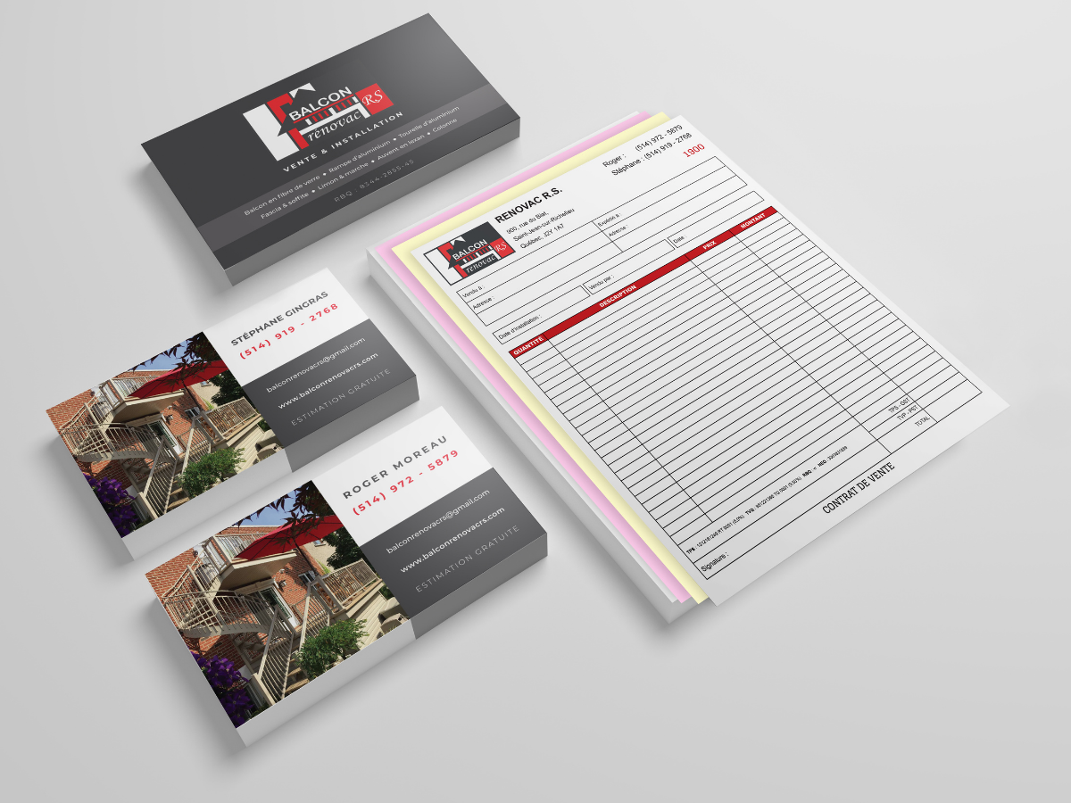 Cartes de visite pour une entreprise de rénovation de balcons, avec photos d'un balcon avec des meubles rouges et texte en français, et une fiche de devis pour travaux de rénovation.