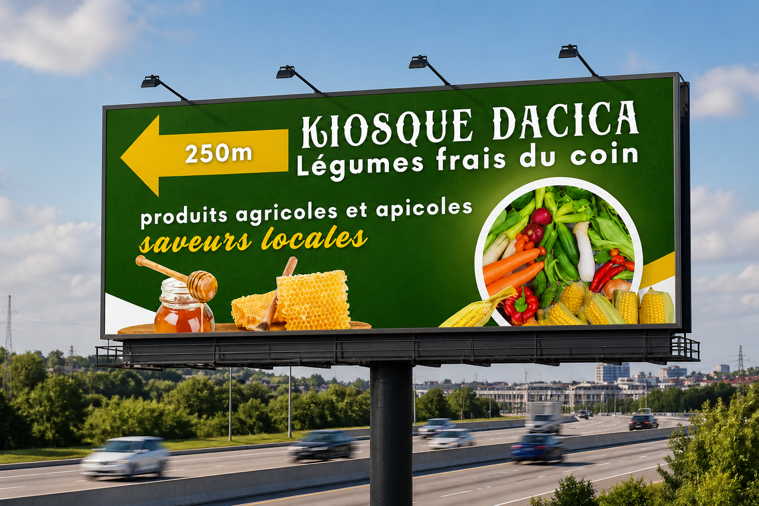 Panneau sur autoroute indiquant le kiosque Dacica et la direction. Design graphique pour impression grand format.