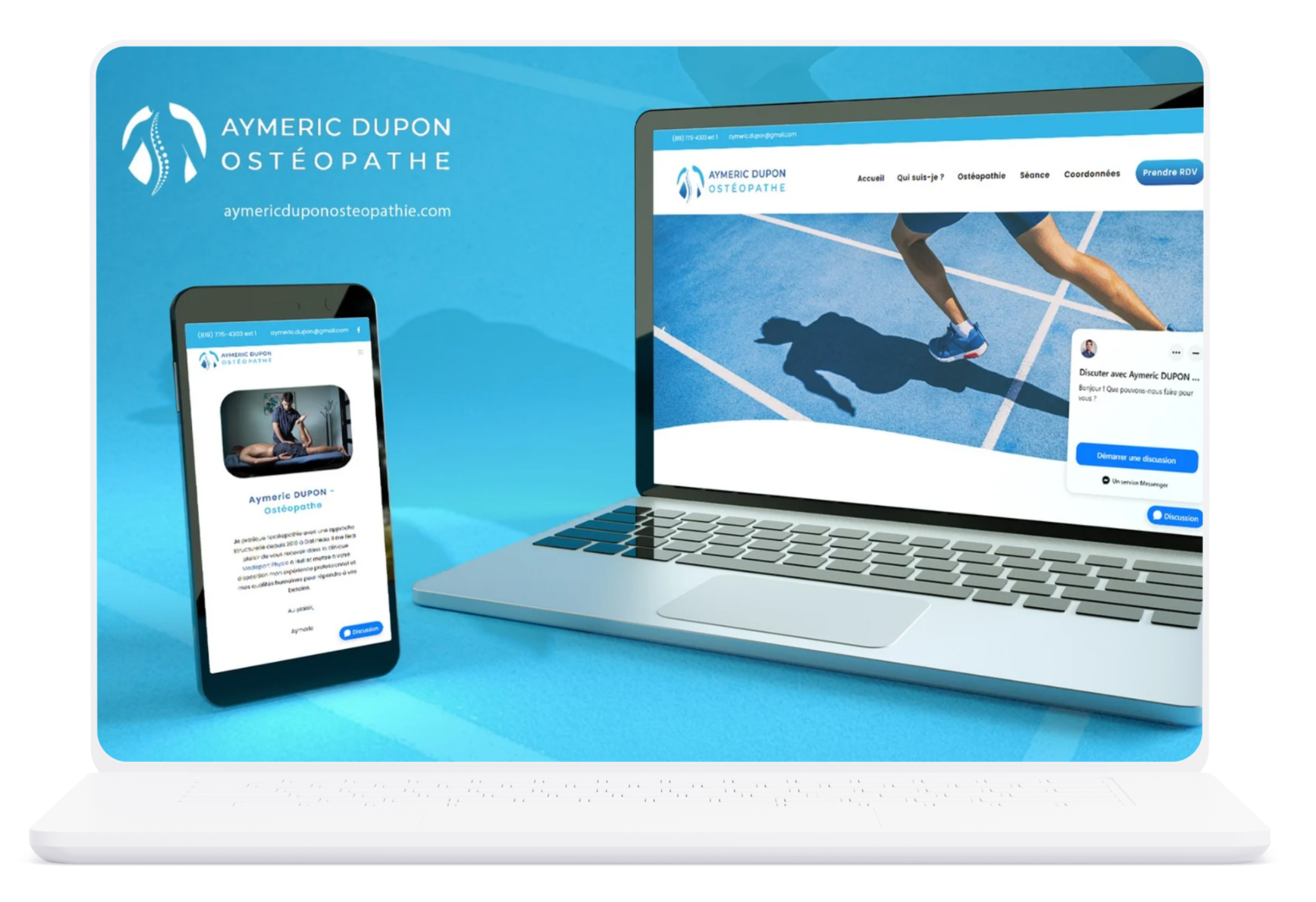 Page web et d'une application mobile montrant le site d'un ostéopathe, Aymeric Dupon, avec un visualiseur d'espace de consultation en ligne.