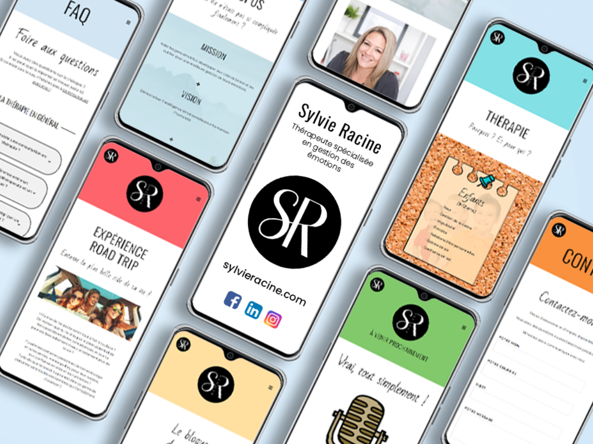 Affichage de plusieurs écrans de téléphones montrant des textes, des images et des profils liés à la thérapie et à une thérapeute nommée Sylvie Racine.