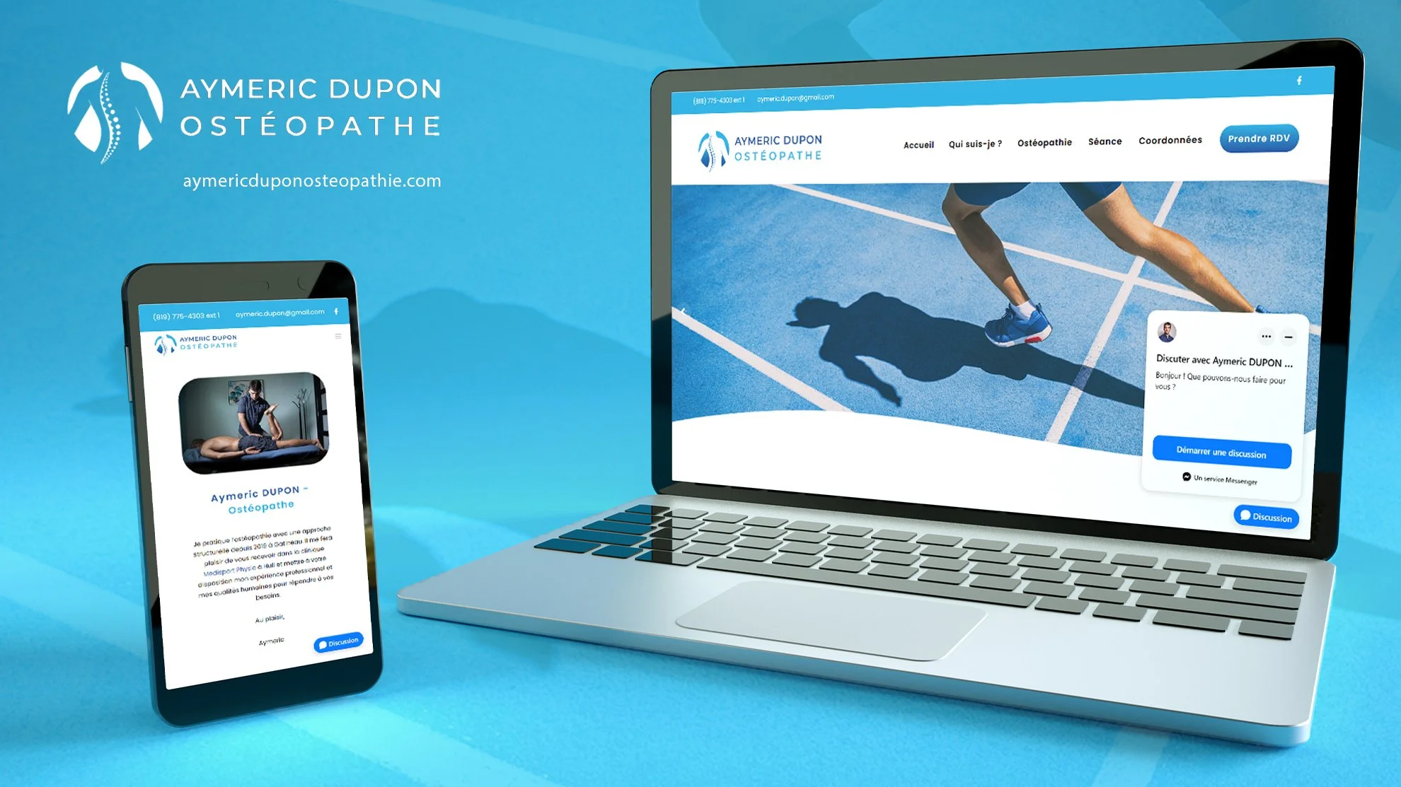 L'écran de l'ordinateur montre une image d'une personne en tenue sportive sur un terrain de sports, projetant une ombre, avec un bouton pour prendre rendez-vous. Le smartphone montre une fiche de présentation avec une image d'un ostéopathe réalisant 