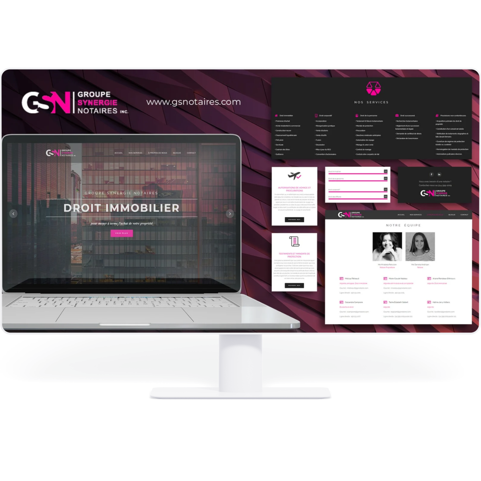 Page d'accueil d'une entreprise immobilière appelée Groupe Synergie Notaires, avec des sections sur leurs services, équipe, et documents d'information.