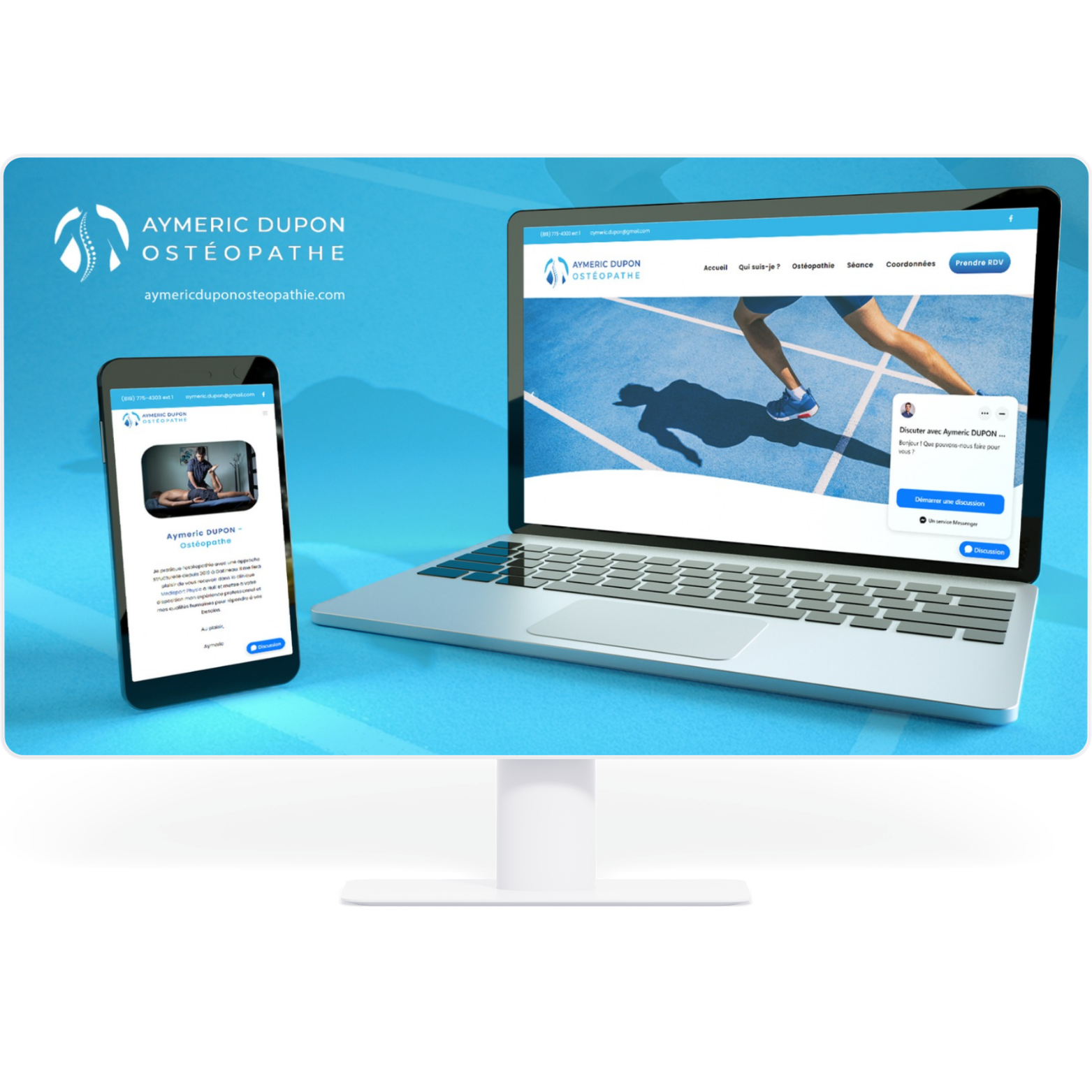 Site web d'un ostéopathe nommé Aymeric Dupon, affiché sur un ordinateur portable et un téléphone. L'écran montre une page d'accueil avec une image de tennis sur un terrain de sport et une fenêtre de discussion en ligne.