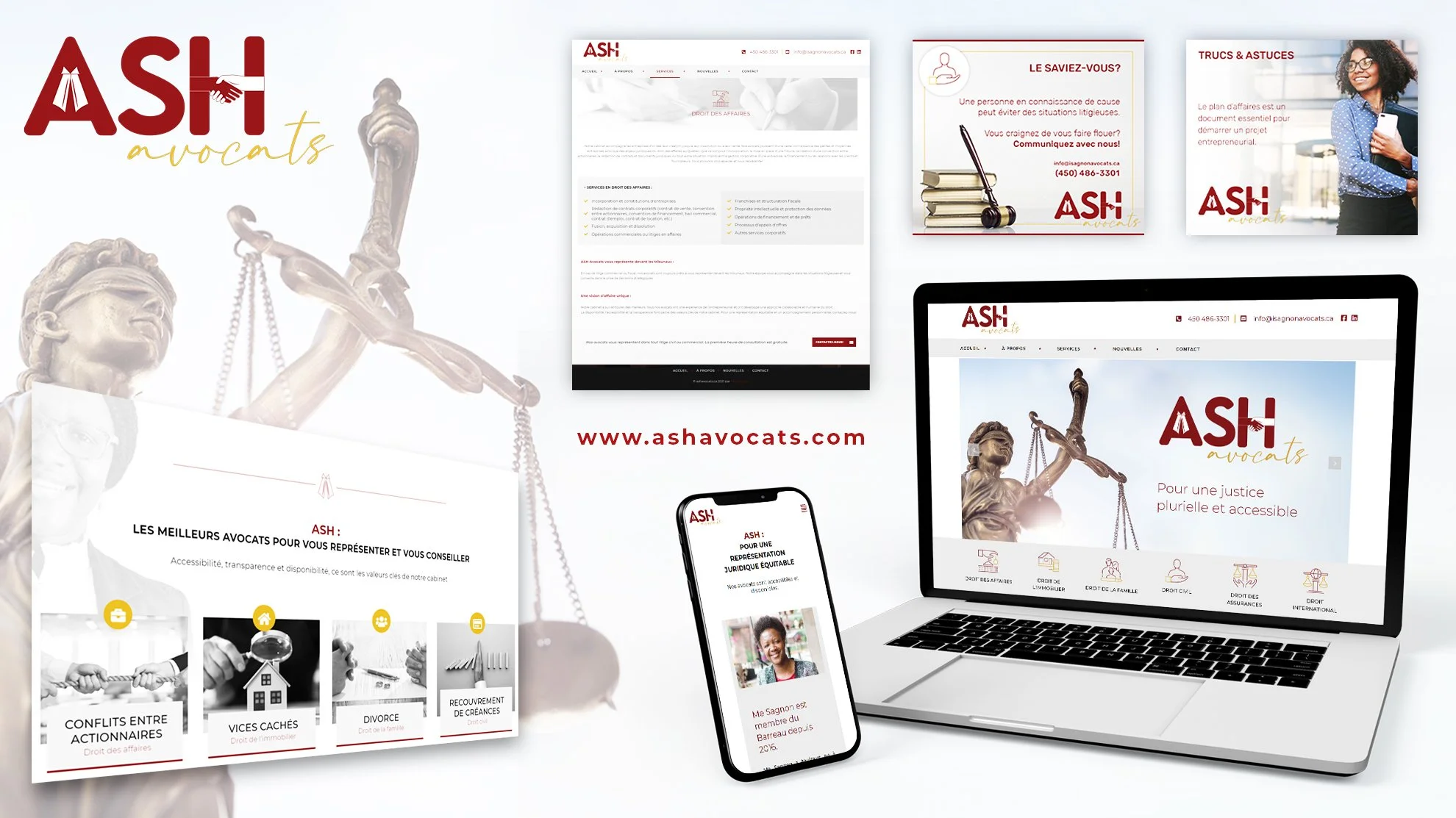Page web et supports promotionnels pour le cabinet d'avocats Ash Avocats, présentant des liens vers leur site internet, téléphone, email, ainsi que leur slogan 'Pour une justice plurielle et accessible'.