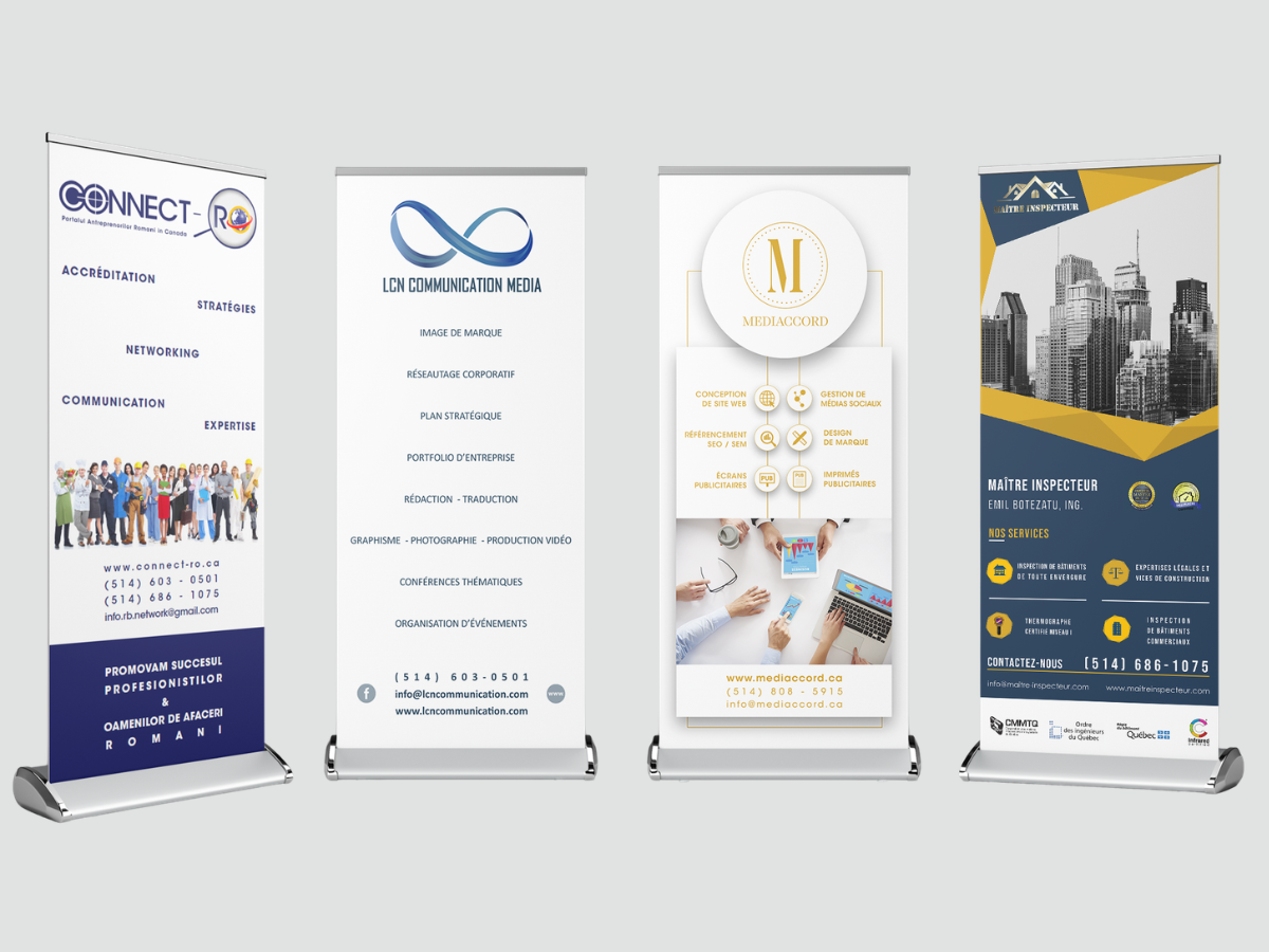 Quatre affiches publicitaires verticales pour différentes entreprises, contenant du texte, des logos, et des images, positionnées côte à côte.