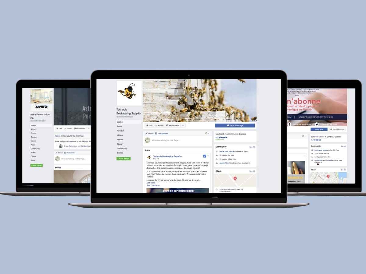 Trois ordinateurs portables affichant des pages Facebook avec des images de bees, de bâtiments et de promotion d'événements.