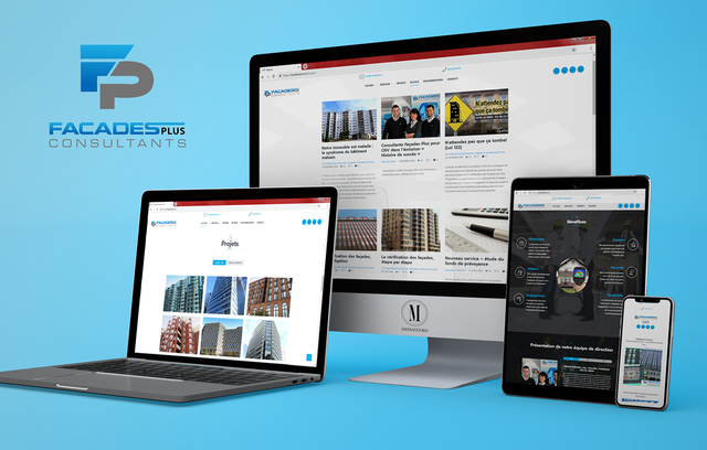 Écran d'ordinateur, ordinateur portable, tablette et smartphone affichant le site web de Facades Plus Consultants contre un fond bleu. Logo de Facades Plus Consultants en haut à gauche.