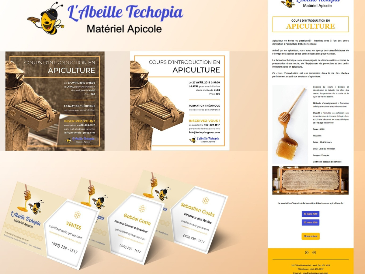 Flyers et affichettes promotionnels pour un cours d'introduction à l'apiculture organisé par L'Abeille Techopia, mettant en avant la formation en apiculture, avec des images d'abeilles, de miel, et d'un apiculteur, en français.