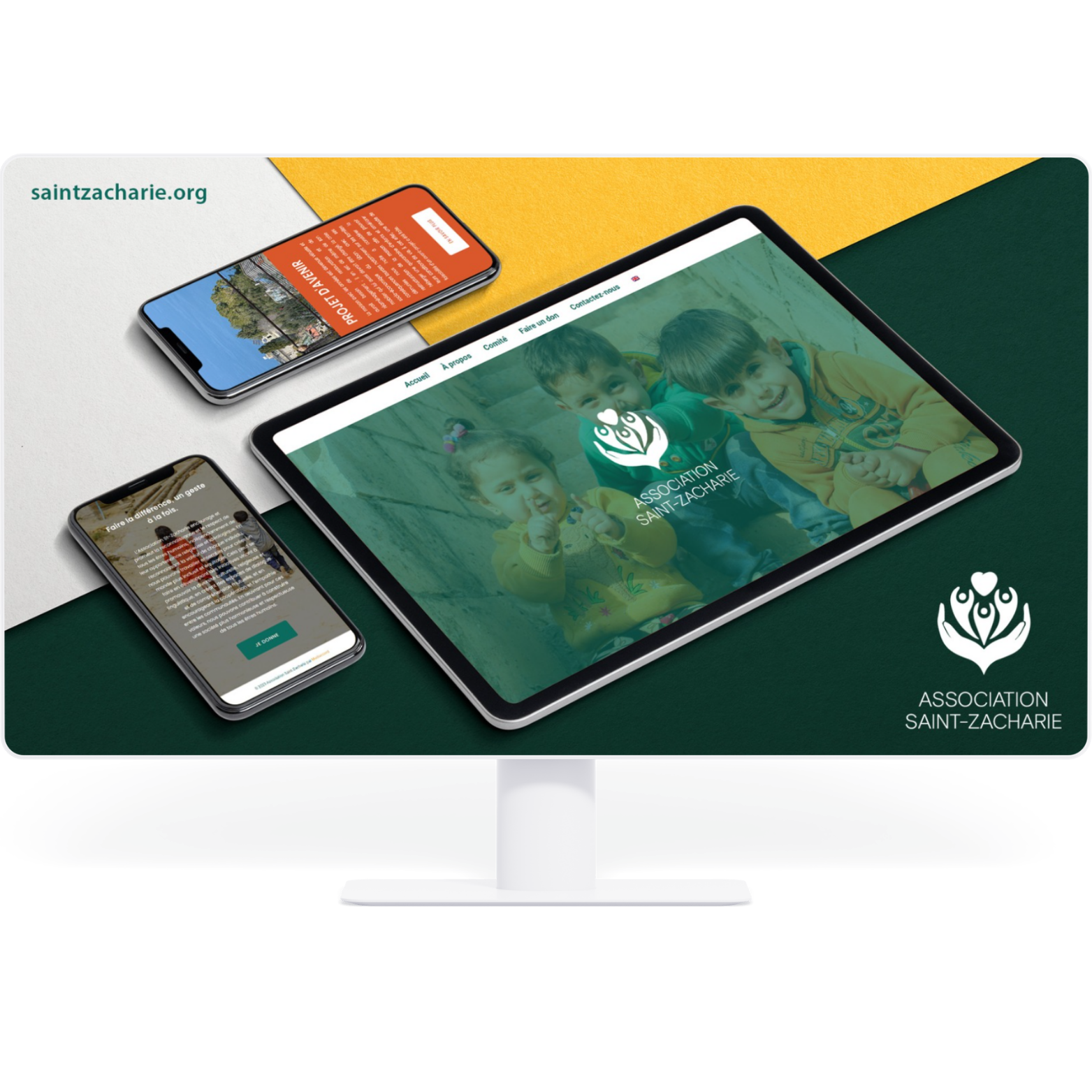 Page web de l'association Saint-Zacharie sur un ordinateur, avec deux téléphones affichant des pages de dons et d'informations, et le logo de l'association en bas à droite.