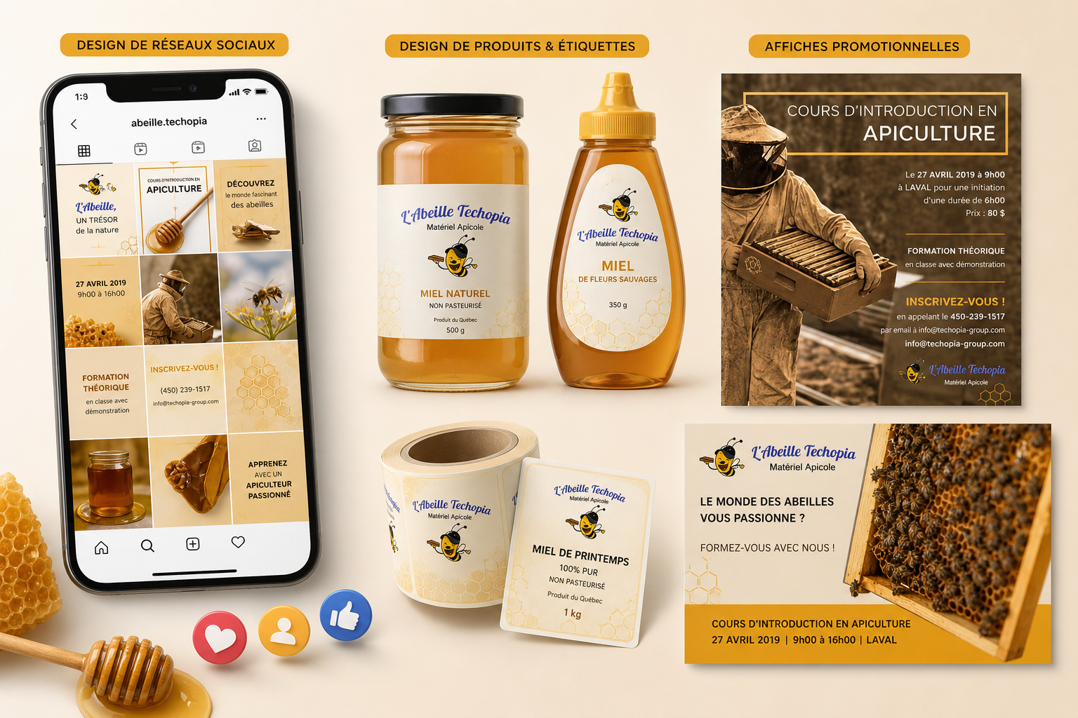 Design graphique de produits pour Abeille Techopia apiculteur.