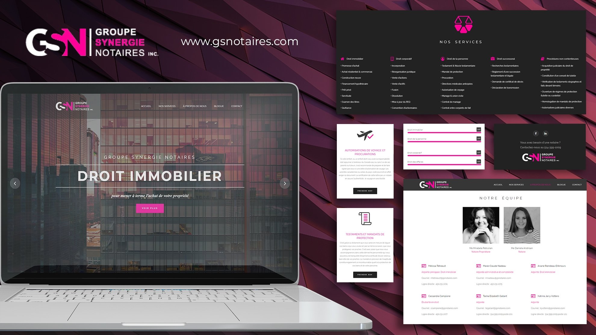 Page d'accueil d'un site web d'une agence notariale, avec un fond d'immeuble en verre, logo rose et noir, sections pour services et équipe, et différentes images de documents légaux.