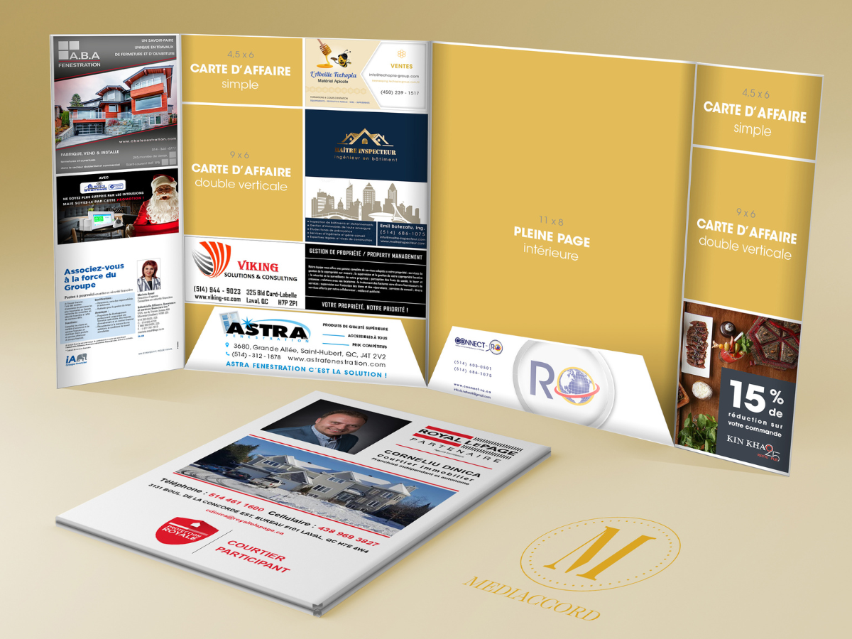 Vue d'ensemble d'un dépliant publicitaire avec différentes sections de promotions et d'informations d'affaires, placé sur une surface avec une brochure en first plan. La conception inclut des images de bâtiments et des textes promotionnels.