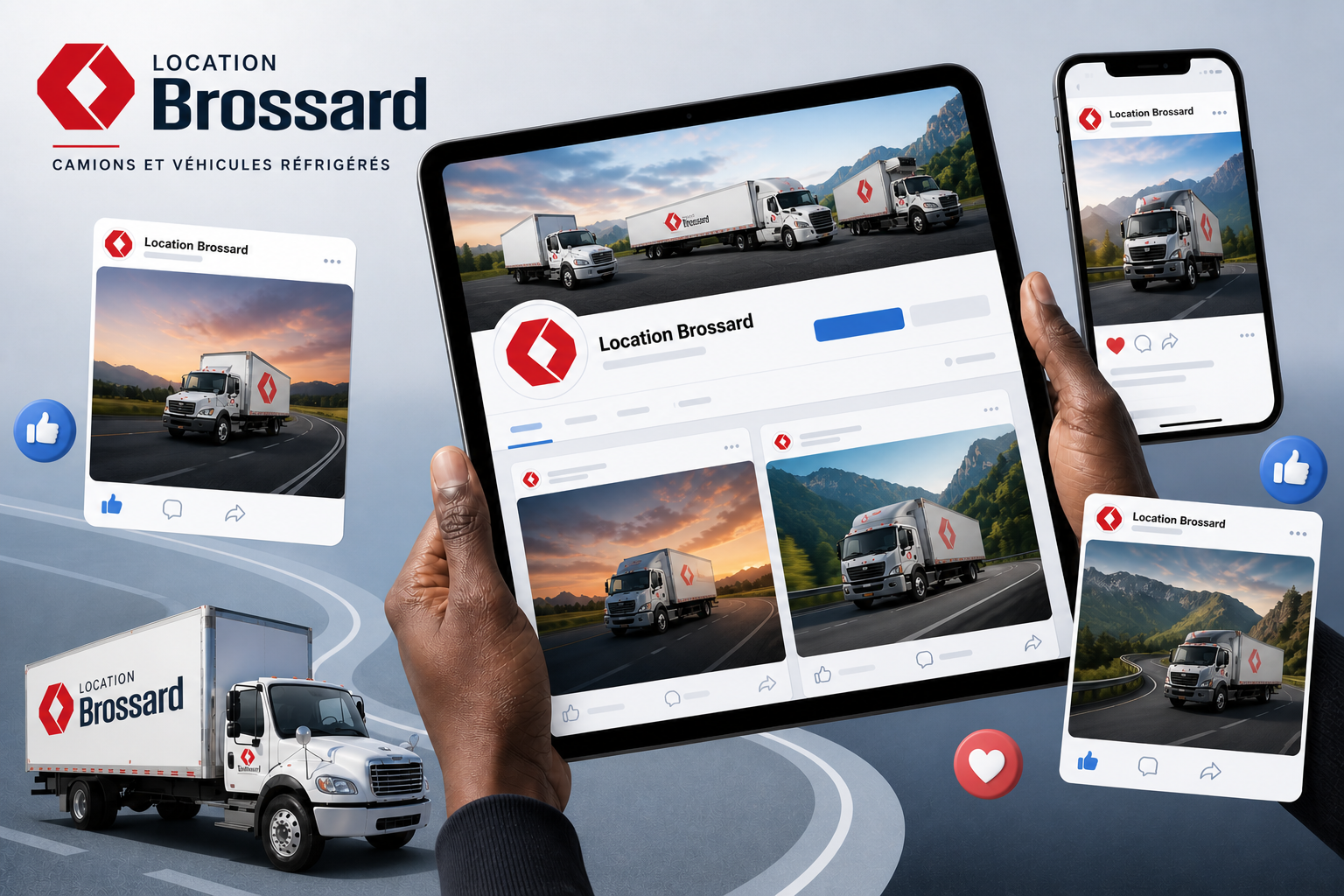 Une personne tient une tablette affichant la page Facebook de Location Brossard, une entreprise de location de camions et remorques, avec deux camions Brossard en arrière-plan sur une route.