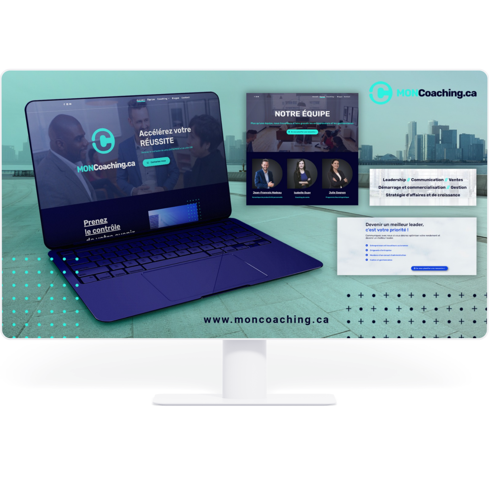 Page web de coaching professionnel sur ordinateur, affichant des sections sur la réussite, l'équipe, et la croissance avec des portraits de coaches, le logo MONCoaching.ca, et l'URL en bas.