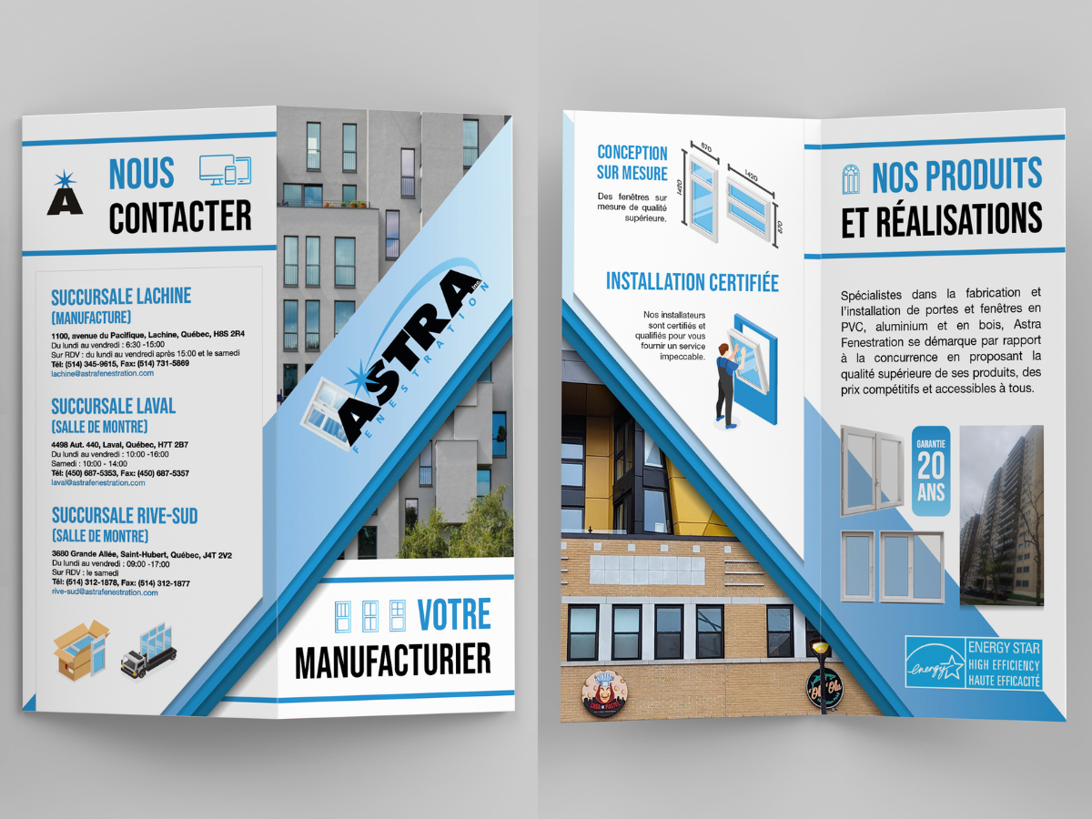 Une brochure promotionnelle pour une entreprise spécialisée dans la fabrication et l'installation de fenêtres et portes en PVC, aluminium et bois, avec plusieurs succursales au Québec. La brochure met en avant la conception sur mesure, la certificati