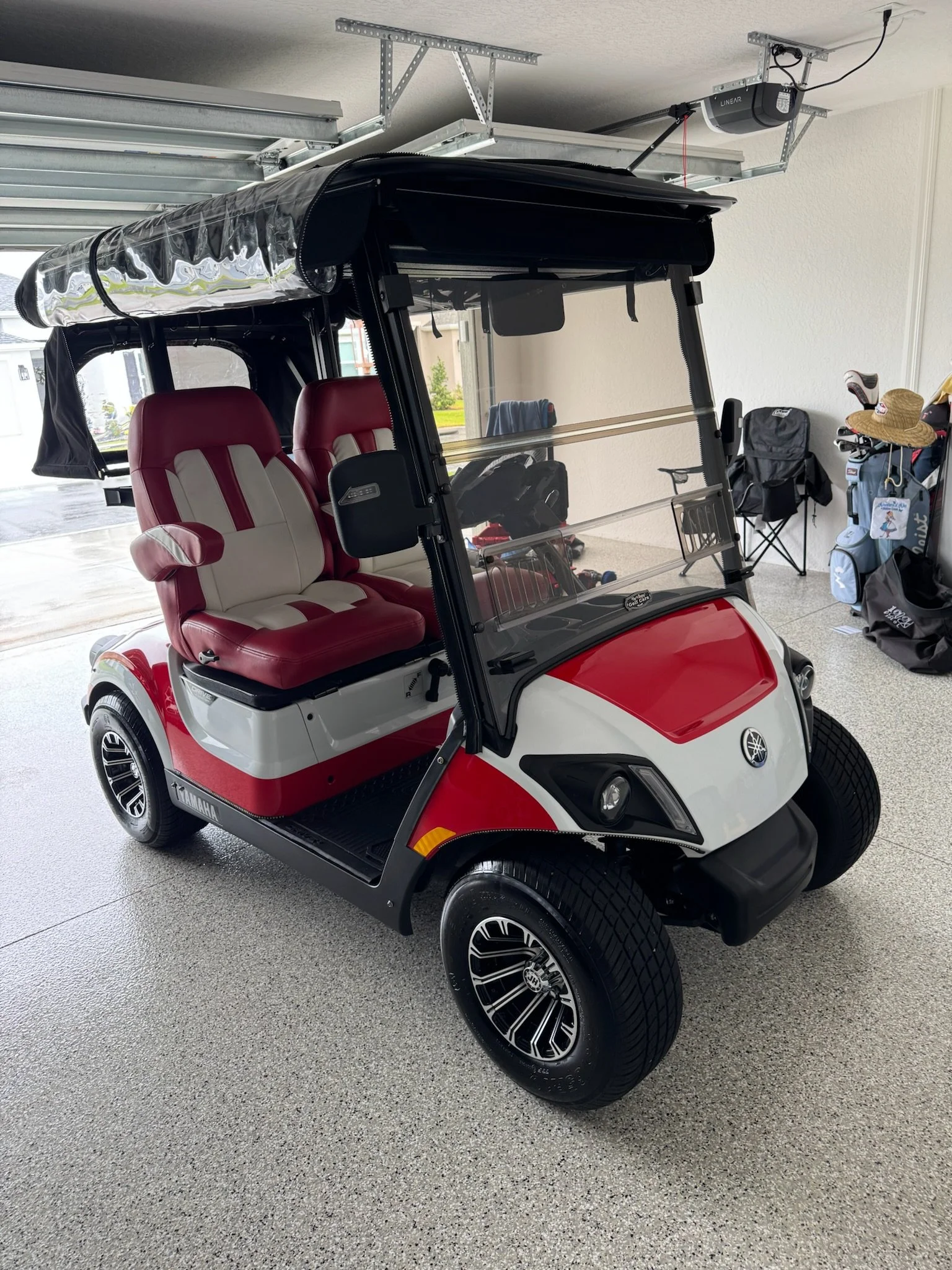 red and white golf clean golf cart