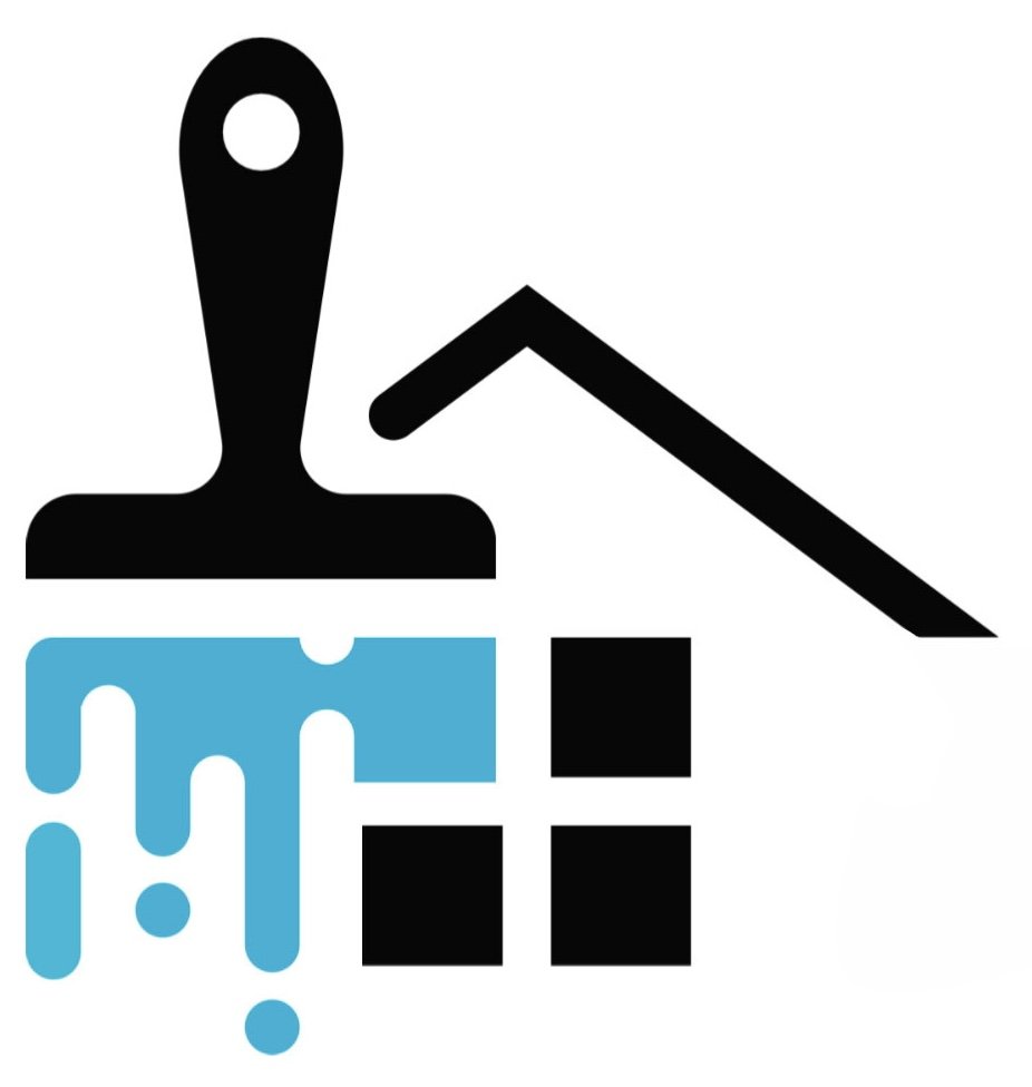 Painting company logo with a paintbrush, house, and spilled blue paint.