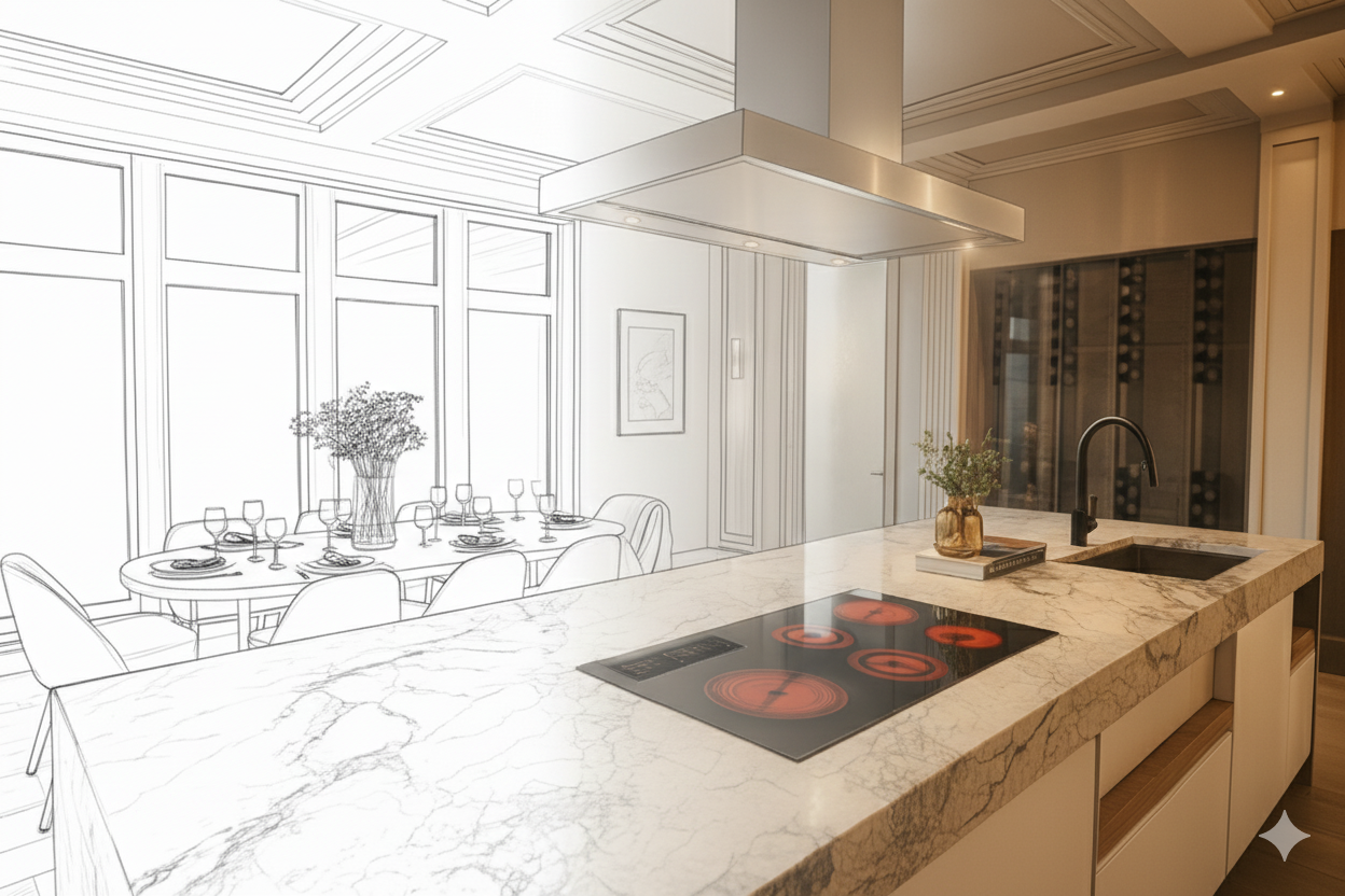 conceptual sketch for custom home interior design, Vancouver