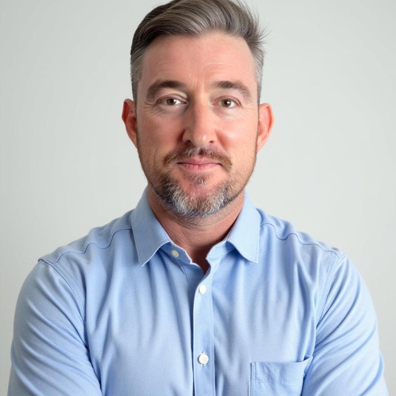 A middle-aged man with short gray hair and a beard, wearing a light blue dress shirt, smiling gently at the camera against a plain white background.